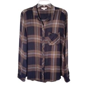 BeachLunchLounge Button Up Shirt Wmn's Sz XL Brown Check Long Sleeve